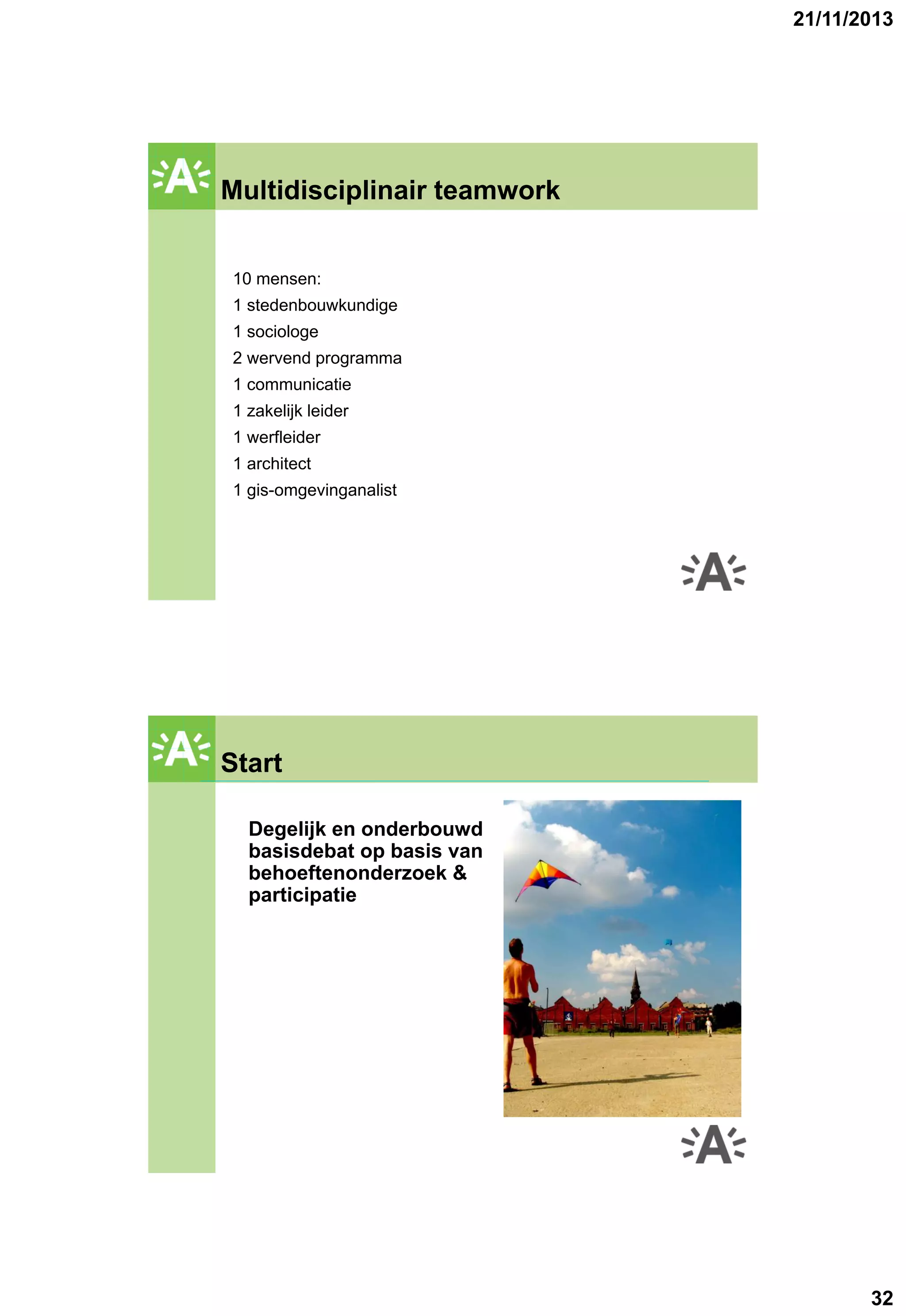 21/11/2013

GROENPLAN
Multidisciplinair teamwork
10 mensen:
1 stedenbouwkundige
1 sociologe
2 wervend programma
1 communicatie
1 zakelijk leider
1 werfleider
1 architect
1 gis-omgevinganalist

Start

GROENPLAN

Degelijk en onderbouwd
basisdebat op basis van
behoeftenonderzoek &
participatie

32

 