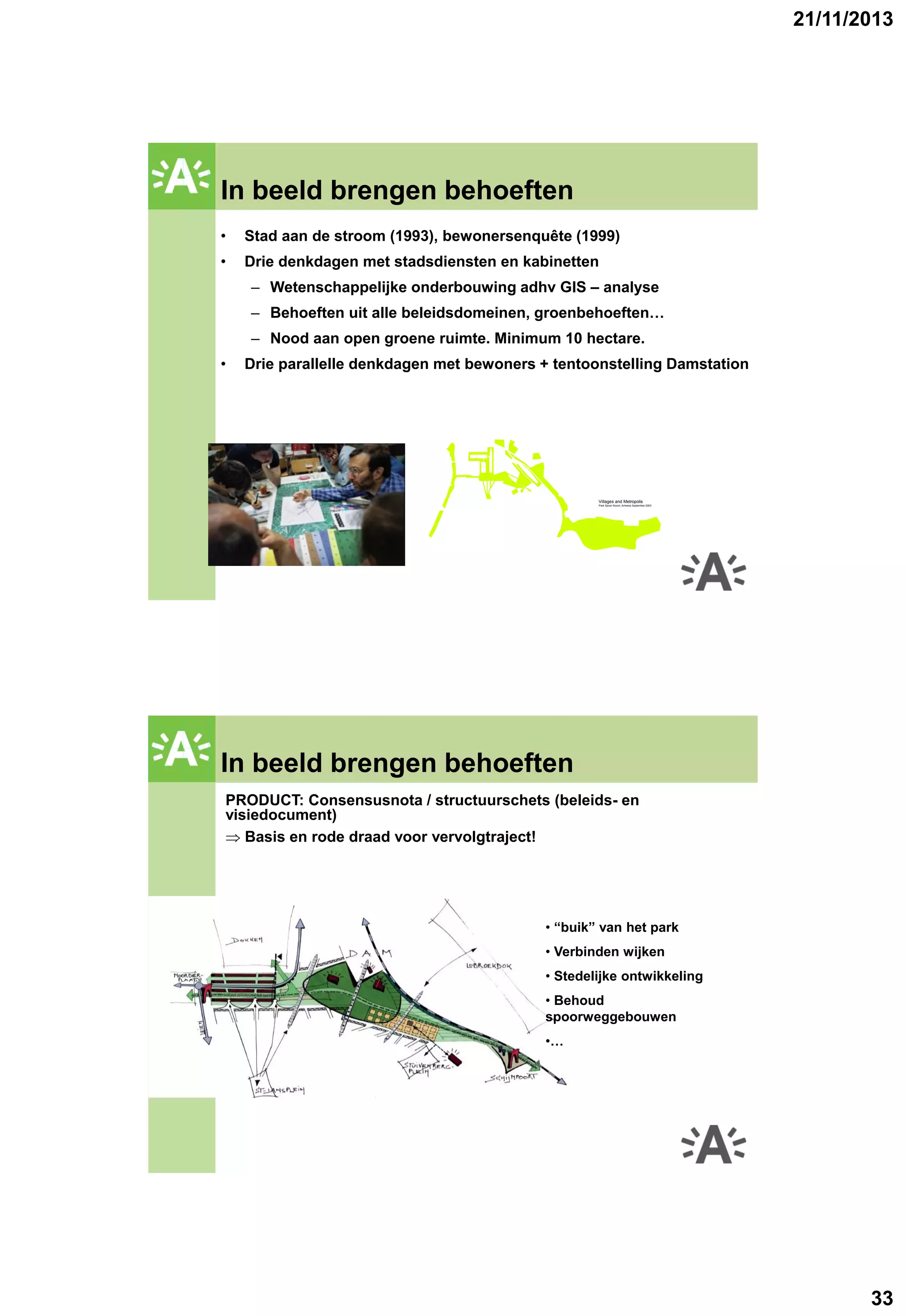 21/11/2013

GROENPLAN
In beeld brengen behoeften
•

Stad aan de stroom (1993), bewonersenquête (1999)

•

Drie denkdagen met stadsdiensten en kabinetten
– Wetenschappelijke onderbouwing adhv GIS – analyse
– Behoeften uit alle beleidsdomeinen, groenbehoeften…
– Nood aan open groene ruimte. Minimum 10 hectare.

•

Drie parallelle denkdagen met bewoners + tentoonstelling Damstation

Villages and Metropolis
Park Spoor Noord, Antwerp September 2003

GROENPLAN
In beeld brengen behoeften
PRODUCT: Consensusnota / structuurschets (beleids- en
visiedocument)
 Basis en rode draad voor vervolgtraject!

• “buik” van het park
• Verbinden wijken
• Stedelijke ontwikkeling
• Behoud
spoorweggebouwen
•…

33

 