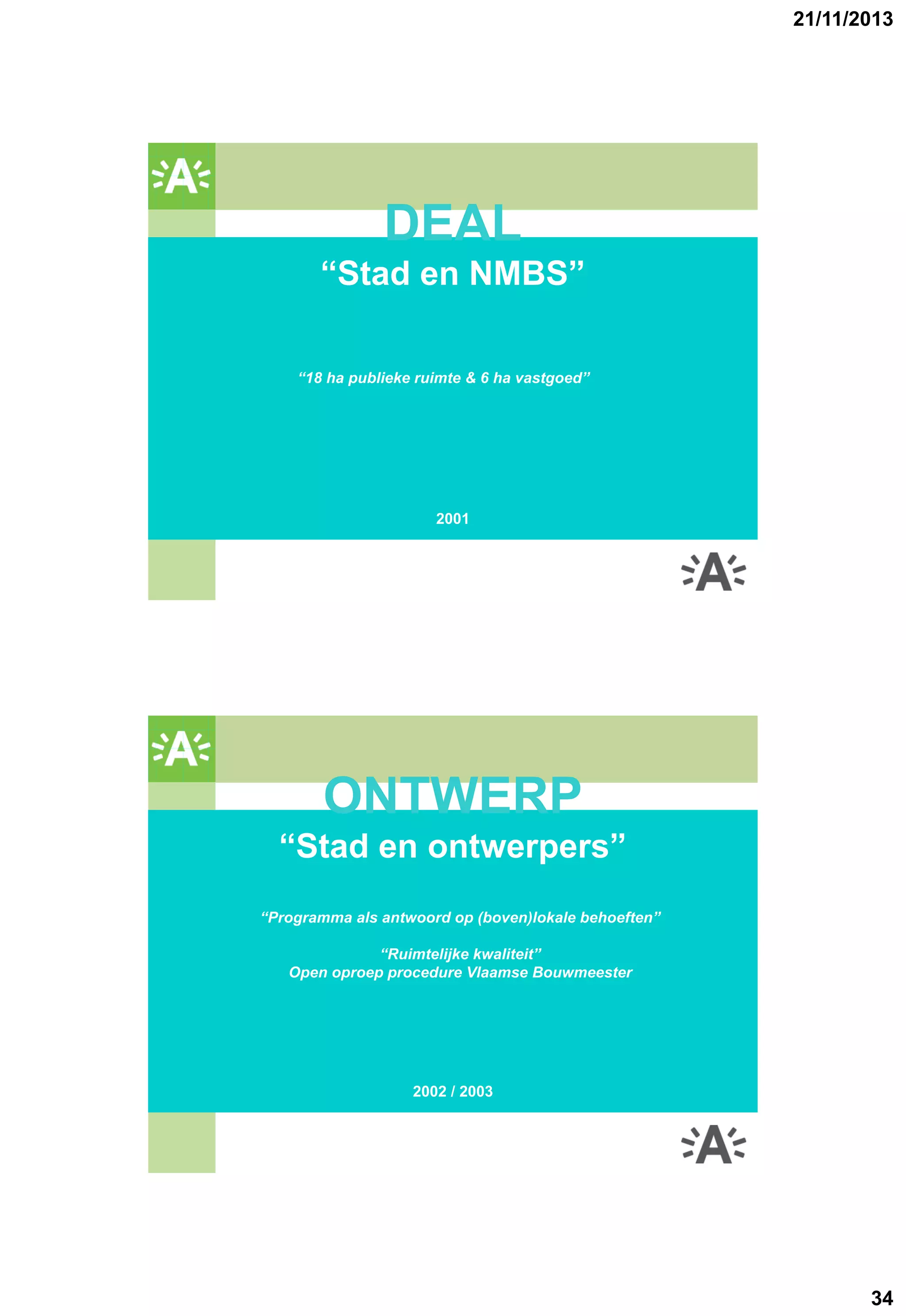 21/11/2013

GROENPLAN

DEAL
“Stad en NMBS”
“18 ha publieke ruimte & 6 ha vastgoed”

2001

GROENPLAN

ONTWERP
“Stad en ontwerpers”
“Programma als antwoord op (boven)lokale behoeften”
“Ruimtelijke kwaliteit”
Open oproep procedure Vlaamse Bouwmeester

2002 / 2003

34

 