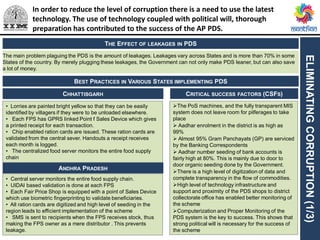 ELIMINATINGCORRUPTION(1/3)
THE EFFECT OF LEAKAGES IN PDS
The main problem plaguing the PDS is the amount of leakages. Leakages vary across States and is more than 70% in some
States of the country. By merely plugging these leakages, the Government can not only make PDS leaner, but can also save
a lot of money.
BEST PRACTICES IN VARIOUS STATES IMPLEMENTING PDS
CHHATTISGARH
ANDHRA PRADESH
The PoS machines, and the fully transparent MIS
system does not leave room for pilferages to take
place
 Aadhar enrolment in the district is as high as
99%
 Almost 95% Gram Panchayats (GP) are serviced
by the Banking Correspondents
 Aadhar number seeding of bank accounts is
fairly high at 80%. This is mainly due to door to
door organic seeding done by the Government.
There is a high level of digitization of data and
complete transparency in the flow of commodities.
High level of technology infrastructure and
support and proximity of the PDS shops to district
collectorate office has enabled better monitoring of
the scheme
Computerization and Proper Monitoring of the
PDS system is the key to success. This shows that
strong political will is necessary for the success of
the scheme
• Lorries are painted bright yellow so that they can be easily
identified by villagers if they were to be unloaded elsewhere.
• Each FPS has GPRS linked Point f Sales Device which gives
a printed receipt for each transaction.
• Chip enabled ration cards are issued. These ration cards are
validated from the central sever. Handouts a receipt receives
each month is logged.
• The centralized food server monitors the entire food supply
chain
• Central server monitors the entire food supply chain.
• UIDAI based validation is done at each FPS
• Each Fair Price Shop is equipped with a point of Sales Device
which use biometric fingerprinting to validate beneficiaries.
• All ration cards are digitized and high level of seeding in the
region leads to efficient implementation of the scheme
• SMS is sent to recipients when the FPS receives stock, thus
making the FPS owner as a mere distributor . This prevents
leakage.
CRITICAL SUCCESS FACTORS (CSFS)
In order to reduce the level of corruption there is a need to use the latest
technology. The use of technology coupled with political will, thorough
preparation has contributed to the success of the AP PDS.
 
