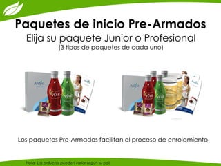 Paquetes de inicio Pre-Armados 
Elija su paquete Junior o Profesional 
(3 tipos de paquetes de cada uno) 
Los paquetes Pre-Armados facilitan el proceso de enrolamiento 
Nota: Los prductos pueden variar segun su pais  