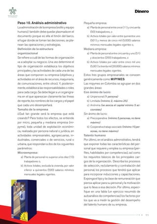 11
Paso 10. Análisis administrativo
Laadministracióndelaempresa(estiloyequipo
humano) también debe quedar plasmada en el
documento porque es ella el timón del barco,
el lugar donde se toman las decisiones, se pla-
nean las operaciones y estrategias.
Deﬁnición de la estructura
organizacional
Se reﬁere a cuál de las formas de organización
va a adoptar su negocio. Una vez determine el
tipo de organización establezca los objetivos
principales y las actividades de cada una de las
áreas que componen su empresa (objetivos y
actividades en el área de recursos, maquinaria,
de comunicaciones, entre otros). Y, posterior-
mente,establezcalasresponsabilidadesoroles
paracadacargo.Sedebellegaraunorganigra-
ma en el que aparezcan claramente las líneas
de reporte, los nombres de los cargos y el papel
que cada uno desempeñará.
Tamaño de la empresa
¿Qué tan grande será la empresa que está
creando? Para todos los efectos, se entiende
por micro, pequeña y mediana empresa (mi-
pyme), toda unidad de explotación económi-
ca, realizada por persona natural o jurídica, en
actividades empresariales, agropecuarias, in-
dustriales, comerciales o de servicios, rural o
urbana, que respondan a dos de los siguientes
parámetros:
Microempresa:
a) Planta de personal no superior a los diez (10)
trabajadores o,
b) Activos totales, excluida la vivienda, por valor
inferior a quinientos (500) salarios mínimos
mensuales legales vigentes.
Pequeña empresa:
a) Plantadepersonalentreonce(11)ycincuenta
(50) trabajadores, o
b) Activos totales por valor entre quinientos uno
(501) y menos de cinco mil (5.000) salarios
mínimos mensuales legales vigentes o,
Mediana empresa:
a) Planta de personal entre cincuenta y uno (51)
y doscientos (200) trabajadores, o
b) Activos totales por valor entre cinco mil uno
(5.001)atreintamil(30.000)salariosmínimos
mensuales legales vigentes.
Estos tres grupos empresariales se conocen
genéricamente como MIPYMES
Las mipymes en Colombia se agrupan en dos
grandes áreas:
Con ánimo de lucro:
a) Unipersonal (1 persona)
b) Limitada (mínimo 2, máximo 25)
c) Anónima (se asocia el capital mínimo 5 ac-
cionistas)
Sin ánimo de lucro:
a) Precooperativa (mínimo 5 personas, no tiene
máximo)
b) Cooperativatrabajoasociado(mínimo 10 per-
sonas, no tiene máximo)
Talento humano
Por último, en el análisis administrativo, tendrá
que exponer todas las características del per-
sonal que requiere y emplea su empresa (per-
ﬁles, habilidades por competencias), así como
los requisitos básicos de los principales car-
gos de la organización. Describa los procesos
de selección, reclutamiento y contratación del
personal, los procesos que tendrá que aplicar
para incorporar inducciones y capacitaciones.
Exponga el tipo y la clase de remuneración que
piensa aplicar para su personal y la motivación
que lo lleva a esa decisión. Por último, especi-
ﬁque en una tabla (un ejercicio resumido de
autoanálisis de competencias) los factores por
los que va a medir la gestión del desempeño
del talento humano de su empresa.
 