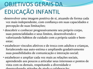 OBJETIVOS GERAIS DA
EDUCAÇÃO INFANTIL
• desenvolver uma imagem positiva de si, atuando de forma cada
vez mais independente, com confiança em suas capacidades e
percepção de suas limitações;
• descobrir e conhecer progressivamente seu próprio corpo,
suas potencialidades e seus limites, desenvolvendo e
valorizando hábitos de cuidado com a própria saúde e bem-
estar;
• estabelecer vínculos afetivos e de troca com adultos e crianças,
fortalecendo sua auto-estima e ampliando gradativamente
suas possibilidades de comunicação e interação social;
• estabelecer e ampliar cada vez mais as relações sociais,
aprendendo aos poucos a articular seus interesses e pontos de
vista com os demais, respeitando a diversidade e
 