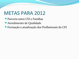 METAS PARA 2012
Parceria entre CEI e Famílias
Atendimento de Qualidade
Formação e atualização dos Profissionais do CEI
 
