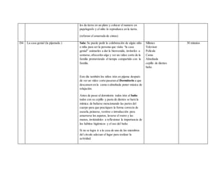 les da tierra en un plato y colocar el numero en
papelografo y el niño lo reproduzca en la tierra.
(reforzar el amarrado de cintas)
D4 La casa genial (la pijamada ) Sala: Se puede pedir la colaboración de algún niño
o niña para ser la persona que visita “la casa
genial” animarles a dar la bienvenida, invitarles a
sentarse,ofrecerles algo y ver un video corto de la
familia promoviendo el tiempo compartido con la
familia.
Este día también los niños irán en pijama después
de ver un video corto pasaran al Dormitorio a que
descansen en la cama o almohada poner música de
relajación.
Antes de pasar al dormitorio todos irán al baño
todos con su cepillo y pasta de dientes se hará la
mímica de bañarse mencionando las partes del
cuerpo para que practiquen la forma correcta de
asearla,peinarse, vestirse e introducción para
amarrarse los zapatos, lavarse el rostro y las
manos, invitándoles a reflexionar la importancia de
los hábitos higiénicos y el uso del baño.
Si no se logra ir a la casa de uno de los miembros
del círculo adecuar el lugar para realizar la
actividad.
Sillones
Televisor
Película
Cama
Almohada
cepillo de dientes
baño.
30 minutos
 