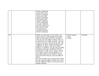 Adentro Cojutepeque
Vamos todos a gozar
Adentro Cojutepeque
Vamos todo a bailar
Adentro Cojutepeque
Todos todos a gozar
Adentro Cojutepeque
Adentro Cojutepeque
Es el grito tradicional
Que todo cojutepecano
Nunca debe de olvida
Ya sea pa la pelea
O también para gozar
Adentro Cojutepeque.
D2 Recibir a los niños niñas con una sonrisa, y un
abrazo, motivar a la participación de los padres,
seguir las instrucciones del ATPI y educadora.
• hay que cepi cepi cepillar los dientes, todos nos
levantamos hay que cepillar los dientes , para que
crezcan sanos,sanos y fuertes hay que cepi , cepi
cepillarnos los dientes, después de almorzar hay
cepillarnos los dientes, como dice la dentista
debemos ser obediente, hay que cepi cepi cepillar
los dientes comer unos caramelos no te hacen
ningún daño si cepillas bien tus dientes cada día
con cuidado hay que cepi cepi cepillar los o te
harás ningún daño cepi cepi cepillar los dientes,
antes de acostarnos hay que cepi cepi cepillar los
dientes
Para que no tengan carie y nos duren para siempre
hay que cepi cepi cepillar los dientes tres veces al
dia hay cepillar los dientes, asi estaremos sanos y
siempre sonrientes.
• Recurso humano
• cantos
• carteles
20 minutos
 