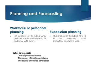 Planning and Forecasting
Workforce or personnel
planning
 The process of deciding what
positions the firm will have to fill,
and how to fill them.
Succession planning
 The process of deciding how to
fill the company’s most
important executive jobs.
What to forecast?
Overall personnel needs
The supply of inside candidates
The supply of outside candidates
 