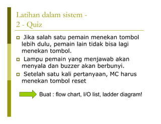 Latihan dalam sistem -
2 - Quiz
Jika salah satu pemain menekan tombol
lebih dulu, pemain lain tidak bisa lagi
menekan tombol.
Lampu pemain yang menjawab akan
menyala dan buzzer akan berbunyi.
Setelah satu kali pertanyaan, MC harus
menekan tombol reset
Buat : flow chart, I/O list, ladder diagram!
 