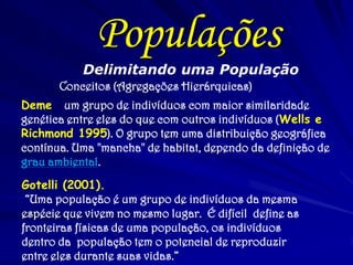 Delimitando uma População 
Conceitos (Agregações Hierárquicas) 
Deme - um grupo de indivíduos com maior similaridade genética entre eles do que com outros indivíduos (Wells e Richmond 1995). O grupo tem uma distribuição geográfica contínua. Uma "mancha" de habitat, dependo da definição de grau ambiental. 
Populações 
Gotelli (2001). 
“Uma população é um grupo de indivíduos da mesma espécie que vivem no mesmo lugar. É difícil define as fronteiras físicas de uma população, os indivíduos dentro da população tem o potencial de reproduzir entre eles durante suas vidas.”  