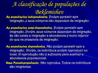 As populações independentes. Podem persistir sem imigração, e seus números não dependem da imigração. 
As populações semi-dependentes. Podem persistir sem imigração. Porém, seus números dependem da imigração. Se não existe a imigração a abundancia é muito inferior do que na presencia da imigração. 
As populações dependentes. Não podem persistir sem a imigração. Porém, os indivíduos podem reproduzir no local. A reprodução não é suficiente para sustiver a abundancia populacional. 
Uma Pseudopopulação. Não reproduz. Todos os indivíduos são imigrantes. 
A classificação de populações de Beklemishev  