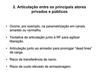 2. Articulação entre os principais atores
privados e públicos
• Ocorre, por exemplo, na parametrização em canais
amarelo ou vermelho.
• Tentativa de articulação junto à RF para agilizar
liberação.
• Articulação junto ao armador para prorrogar “dead lines”
de carga.
• Risco de transferência de navio.
• Risco de custo elevado de armazenagem.
 