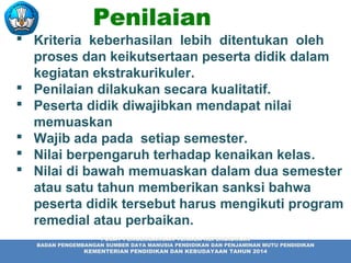 Penilaian
 Kriteria keberhasilan lebih ditentukan oleh
proses dan keikutsertaan peserta didik dalam
kegiatan ekstrakurikuler.
 Penilaian dilakukan secara kualitatif.
 Peserta didik diwajibkan mendapat nilai
memuaskan
 Wajib ada pada setiap semester.
 Nilai berpengaruh terhadap kenaikan kelas.
 Nilai di bawah memuaskan dalam dua semester
atau satu tahun memberikan sanksi bahwa
peserta didik tersebut harus mengikuti program
remedial atau perbaikan.
PUSAT PENGEMBANGAN TENAGA KEPENDIDIKAN
BADAN PENGEMBANGAN SUMBER DAYA MANUSIA PENDIDIKAN DAN PENJAMINAN MUTU PENDIDIKAN
KEMENTERIAN PENDIDIKAN DAN KEBUDAYAAN TAHUN 2014
 