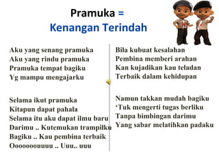Pramuka =
Kenangan Terindah
Aku yang senang pramuka
Aku yang rindu pramuka
Pramuka tempat bagiku
Yg mampu mengajarku
Selama ikut pramuka
Kitapun dapat pahala
Selama itu aku dapat ilmu baru
Darimu .. Kutemukan trampilku
Bagiku .. Kau pembina terbaik
Ooooooouuuu .. Uuu.. uuu
Bila kubuat kesalahan
Pembina memberi arahan
Kan kujadikan kau teladan
Terbaik dalam kehidupan
Namun takkan mudah bagiku
‘Tuk mengerti tugas berliku
Tanpa bimbingan darimu
Yang sabar melatihkan padaku
 