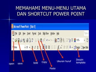 MEMAHAMI MENU-MENU UTAMA DAN SHORTCUT POWER POINT save open bold Ukuran huruf Desain template Copy Paste 