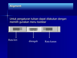 Aligment Untuk pengaturan tulisan dapat dilakukan dengan memilih gunakan menu toolsbar Rata kiri ditengah Rata kanan 