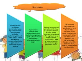 Kesimpulan
Pendekatan dan
kandungan
pembelajaran yang
digunakan perlulah
sesuai dengan
peringkat
perkembangan kanak-
kanak kerana, setiap
kanak-kanak
mempunyai peringkat
penerimaan
pembelajaran yang
berbeza
Kejayaan dan
keberkesanan
pelaksanaan sesuatu
kurikulum bergantung
kepada kefahaman dan
penghayatan
pelaksanaan di bilik
darjah
Guru perlu mempunyai
pengetahuan tentang
psikologi kanak-kanak,
prihatin kepada
perbezaan kanak-kanak
dari segi keupayaan,
minat dan latar
belakang serta peka
terhadap perubahan
dan perkembangan
pendidikan terkini.
Melalui proses
pengajaran dan
pembelajaran yang
fleksibel dan
bersepadu, murid
dapat menguasai dan
memperolehi ciri-ciri
seperti kecekapan
berbahasa dan
berkomunikasi,
kemahiran berfikir,
berakhlak mulia,
beretika, berkeyakinan
dan berdisiplin.
 