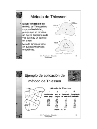 39
HA. Precipitación. Sebastián
Santayana V.
77
Método de Thiessen
• Mayor limitación del
método de Thiessen es
su poca flexibilidad,
puesto que se requiere
un nuevo diagrama cada
vez que hay un cambio
en la red.
• Método tampoco tiene
en cuenta influencias
orográficas.
HA. Precipitación. Sebastián
Santayana V.
78
Ejemplo de aplicación de
método de Thiessen
 