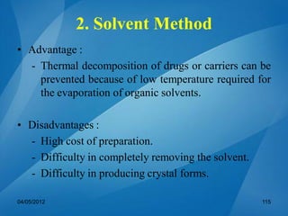 • Advantage :
- Thermal decomposition of drugs or carriers can be
prevented because of low temperature required for
the evaporation of organic solvents.
• Disadvantages :
- High cost of preparation.
- Difficulty in completely removing the solvent.
- Difficulty in producing crystal forms.
04/05/2012 115
2. Solvent Method
 