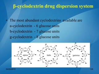 • The most abundant cyclodextrins available are
a-cyclodextrin - 6 glucose units
b-cyclodextrin - 7 glucose units
g-cyclodextrin - 8 glucose units
04/05/2012 135
β-cyclodextrin drug dispersion system
 