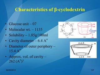 Characteristics of β-cyclodextrin
• Glucose unit – 07
• Molecular wt. – 1135
• Solubility – 1.85g/100ml
• Cavity diameter – 6.4 Ao
• Diameter of outer periphery –
15.4 Ao
• Approx. vol. of cavity –
262 (Ao
)3
04/05/2012 137
 
