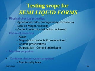 Testing scope for
SEMI LIQUID FORMS
• Physical-chemical properties
– Appearance, odor, homogenesity, consistency
– Loss on weight, Viscosity
– Content uniformity (within the container)
• Chemical properties
– Assay
– Degradation products & preservatives
– Content preservatives
– Degradation– Content antioxidants
• Microbial properties
• Container closure system properties
– Functionality tests
04/05/2012 184
 