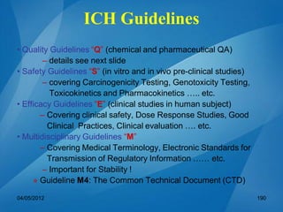 ICH Guidelines
• Quality Guidelines “Q” (chemical and pharmaceutical QA)
– details see next slide
• Safety Guidelines “S” (in vitro and in vivo pre-clinical studies)
– covering Carcinogenicity Testing, Genotoxicity Testing,
Toxicokinetics and Pharmacokinetics ….. etc.
• Efficacy Guidelines “E” (clinical studies in human subject)
– Covering clinical safety, Dose Response Studies, Good
Clinical Practices, Clinical evaluation …. etc.
• Multidisciplinary Guidelines “M”
– Covering Medical Terminology, Electronic Standards for
Transmission of Regulatory Information …… etc.
– Important for Stability !
» Guideline M4: The Common Technical Document (CTD)
04/05/2012 190
 
