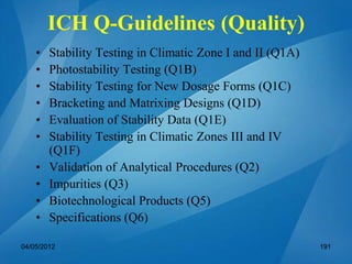 ICH Q-Guidelines (Quality)
• Stability Testing in Climatic Zone I and II (Q1A)
• Photostability Testing (Q1B)
• Stability Testing for New Dosage Forms (Q1C)
• Bracketing and Matrixing Designs (Q1D)
• Evaluation of Stability Data (Q1E)
• Stability Testing in Climatic Zones III and IV
(Q1F)
• Validation of Analytical Procedures (Q2)
• Impurities (Q3)
• Biotechnological Products (Q5)
• Specifications (Q6)
04/05/2012 191
 