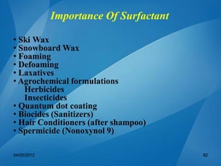 • Ski Wax
• Snowboard Wax
• Foaming
• Defoaming
• Laxatives
• Agrochemical formulations
Herbicides
Insecticides
• Quantum dot coating
• Biocides (Sanitizers)
• Hair Conditioners (after shampoo)
• Spermicide (Nonoxynol 9)
04/05/2012 82
Importance Of Surfactant
 