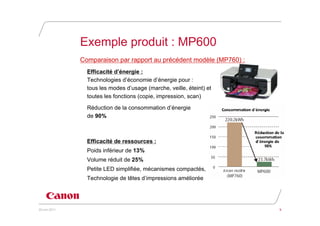 Exemple produit : MP600
               Comparaison par rapport au précédent modèle (MP760) :
                 Efficacité d’énergie :
                 Technologies d’économie d’énergie pour :
                 tous les modes d’usage (marche, veille, éteint) et
                 toutes les fonctions (copie, impression, scan)

                 Réduction de la consommation d’énergie
                 de 90%



                 Efficacité de ressources :
                 Poids inférieur de 13%
                 Volume réduit de 25%
                 Petite LED simplifiée, mécanismes compactés,
                 Technologie de têtes d’impressions améliorée




20 juin 2011                                                           9
 