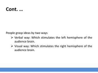 Cont. …
People grasp ideas by two ways
 Verbal way: Which stimulates the left hemisphere of the
audience brain.
 Visual way: Which stimulates the right hemisphere of the
audience brain.
 
