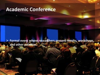 Academic Conference
 Formal event where researchers present results, workshops,
and other activities.
 