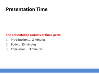 Presentation Time
The presentation consists of three parts:
1. Introduction …. 2 minutes
2. Body … 15 minutes
3. Conclusion … 3 minutes
 