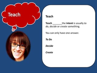 Teach

Teach _______the intent is usually to
do, decide or create something.

You can only have one answer.

To Do

Decide...