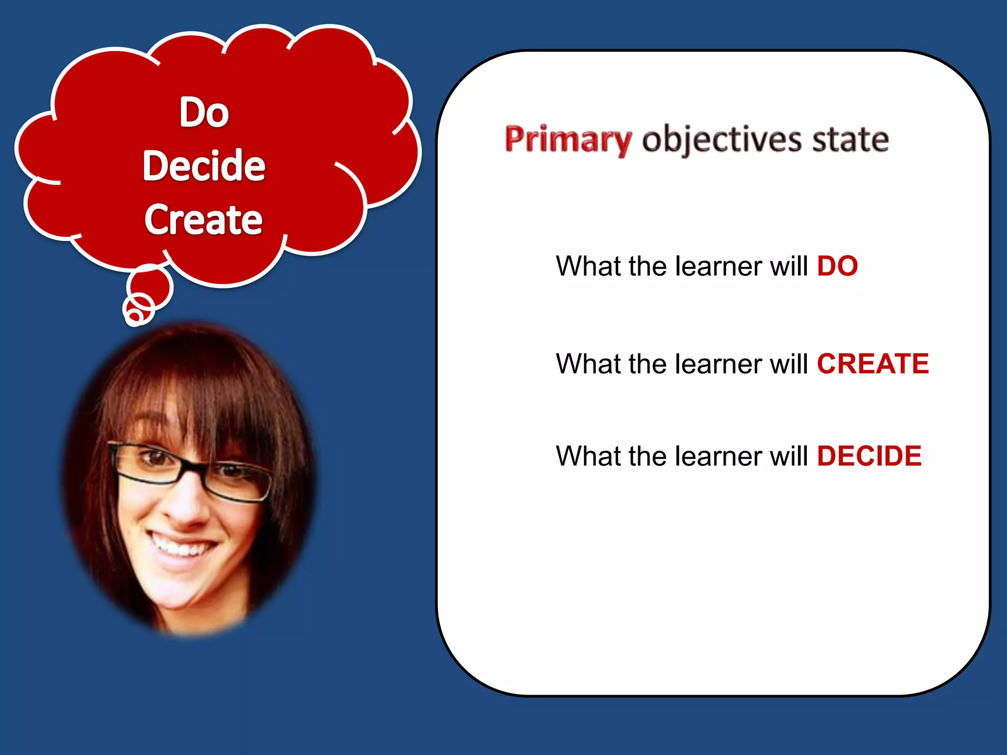 What the learner will DO


What the learner will CREATE


What the learner will DECIDE
 