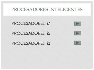 PROCESADORES INTELIGENTES


PROCESADORES i7

PROCESADORES i5

PROCESADORES i3
 
