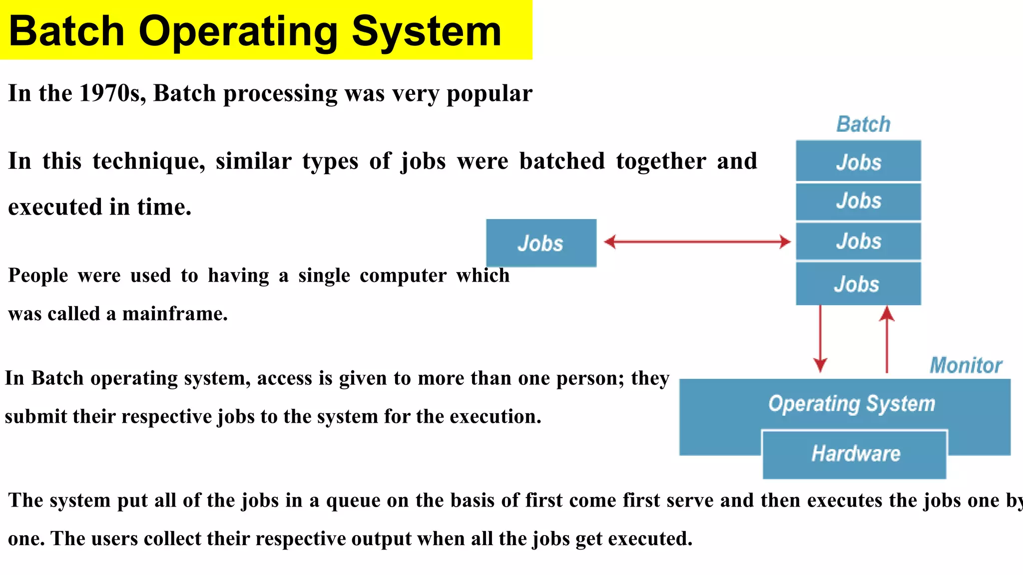 Batch Operating System
In the 1970s, Batch processing was very popular
In this technique, similar types of jobs were batched together and
executed in time.
The system put all of the jobs in a queue on the basis of first come first serve and then executes the jobs one by
one. The users collect their respective output when all the jobs get executed.
People were used to having a single computer which
was called a mainframe.
In Batch operating system, access is given to more than one person; they
submit their respective jobs to the system for the execution.
 