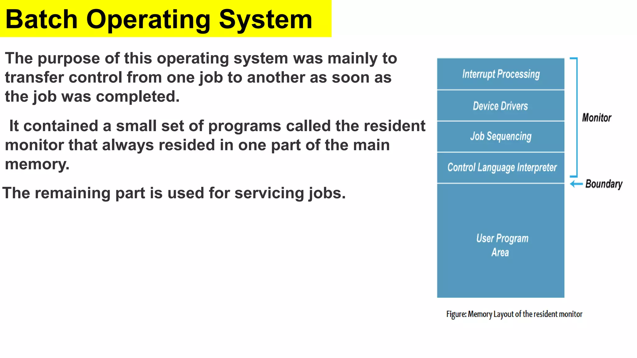 Batch Operating System
The purpose of this operating system was mainly to
transfer control from one job to another as soon as
the job was completed.
It contained a small set of programs called the resident
monitor that always resided in one part of the main
memory.
The remaining part is used for servicing jobs.
 