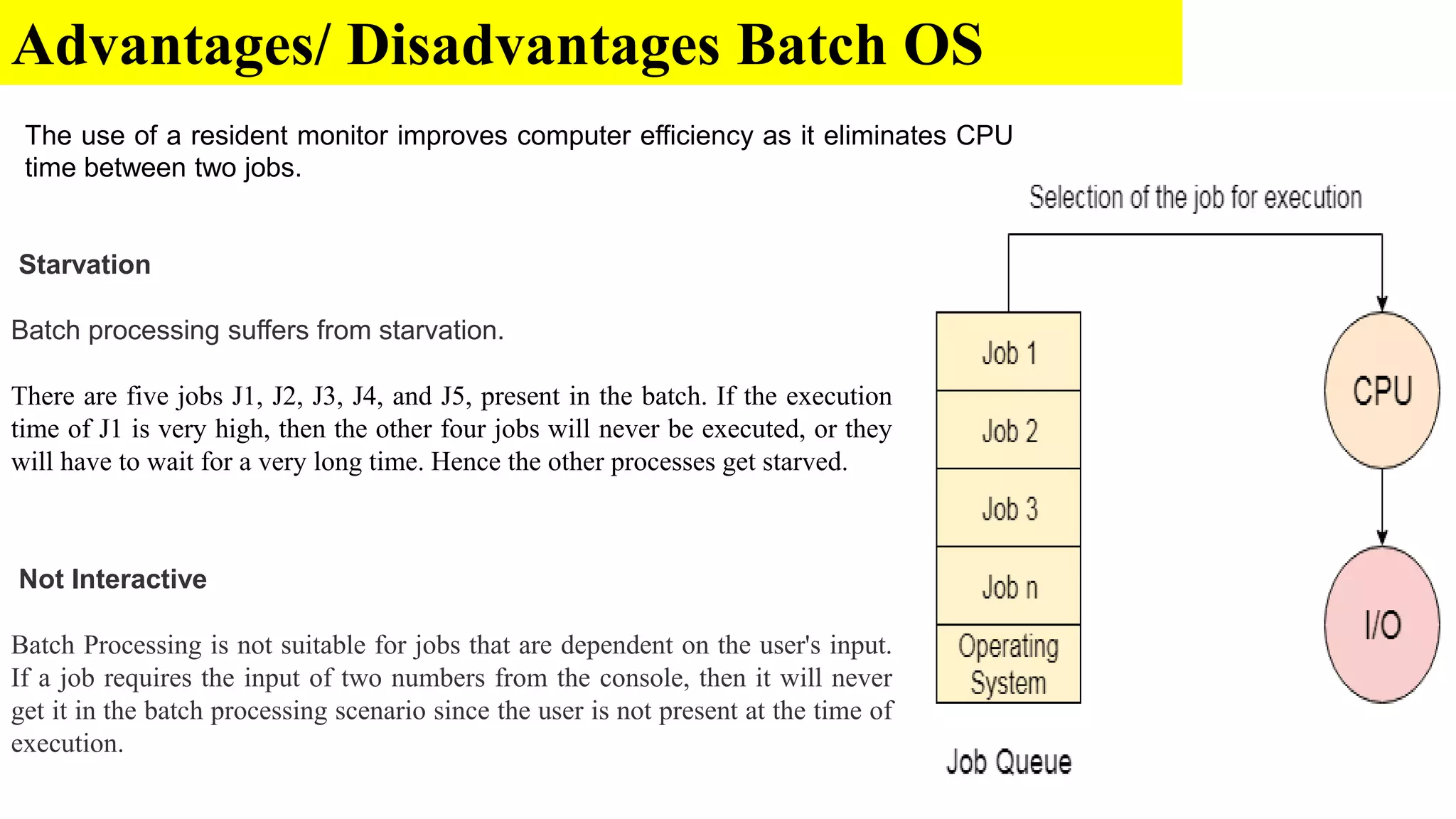 Advantages/ Disadvantages Batch OS
The use of a resident monitor improves computer efficiency as it eliminates CPU
time between two jobs.
Starvation
Batch processing suffers from starvation.
There are five jobs J1, J2, J3, J4, and J5, present in the batch. If the execution
time of J1 is very high, then the other four jobs will never be executed, or they
will have to wait for a very long time. Hence the other processes get starved.
Not Interactive
Batch Processing is not suitable for jobs that are dependent on the user's input.
If a job requires the input of two numbers from the console, then it will never
get it in the batch processing scenario since the user is not present at the time of
execution.
 