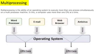 Multiprocessing
Multiprocessing is the ability of an operating system to execute more than one process simultaneously
on a multi processor machine. In this, a computer uses more than one CPU at a time.
 