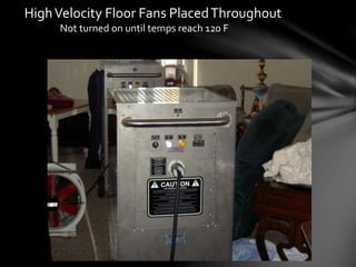 HighVelocity Floor Fans PlacedThroughout
Not turned on until temps reach 120 F
 