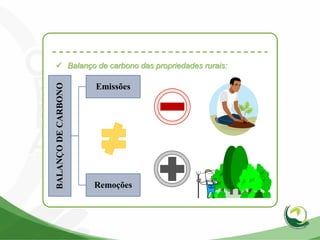  Balanço de carbono das propriedades rurais:
BALANÇODECARBONO
Emissões
Remoções
 