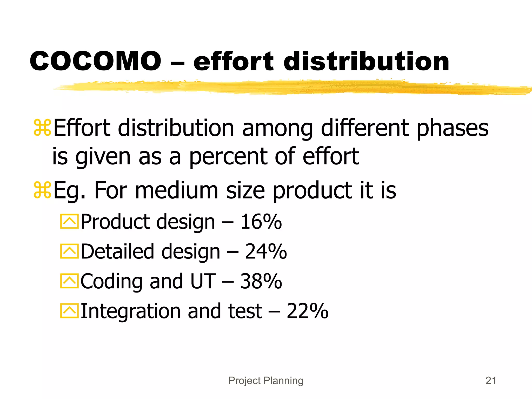 Project Planning 21
COCOMO – effort distribution
Effort distribution among different phases
is given as a percent of effort
Eg. For medium size product it is
Product design – 16%
Detailed design – 24%
Coding and UT – 38%
Integration and test – 22%
 