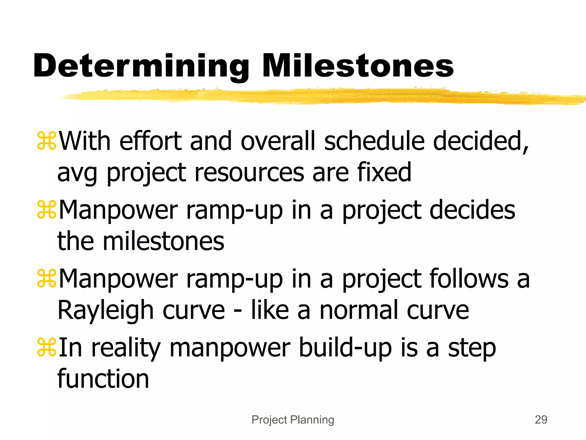 Project Planning 29
Determining Milestones
With effort and overall schedule decided,
avg project resources are fixed
Manpower ramp-up in a project decides
the milestones
Manpower ramp-up in a project follows a
Rayleigh curve - like a normal curve
In reality manpower build-up is a step
function
 
