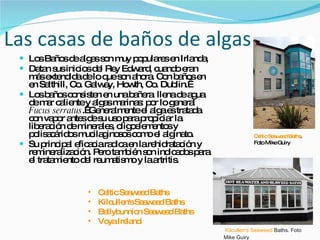Las casas de baños de algas Los Baños de algas son muy populares en Irlanda, Datan sus inicios del Rey Edward, cuando eran más extendida de lo que son ahora. Con baños en en Salthill, Co. Galway, Howth, Co. Dublin.  Los baños consisten en una bañera  llena de agua de mar caliente y algas marinas: por lo general  Fucus serratus .  Generalmente el alga es tratada con vapor antes de su uso para propiciar la liberación de minerales, oligoelementos y polisacáridos mucilaginosos como el alginato. Su principal eficacia radica en la rehidratación y remineralización. Pero también son indicados para el tratamiento del reumatismo y la artritis.   Kilcullen's Seaweed  Baths . Foto Mike Guiry Celtic Seaweed  Baths . Foto Mike Guiry Celtic Seaweed Baths Kilcullen's Seaweed Baths Ballybunnion Seaweed Baths Voya Ireland 