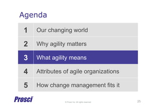 © Prosci Inc. All rights reserved.
Agenda
1 Our changing world
2 Why agility matters
3 What agility means
4 Attributes of agile organizations
5 How change management fits it
25
 
