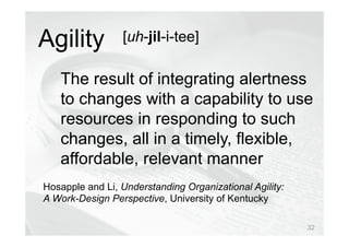 © Prosci Inc. All rights reserved.
The result of integrating alertness
to changes with a capability to use
resources in responding to such
changes, all in a timely, flexible,
affordable, relevant manner
Hosapple and Li, Understanding Organizational Agility:
A Work-Design Perspective, University of Kentucky
Agility [uh-jil-i-tee]
32
 