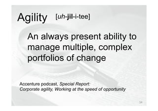 © Prosci Inc. All rights reserved.
An always present ability to
manage multiple, complex
portfolios of change
Accenture podcast, Special Report:
Corporate agility, Working at the speed of opportunity
Agility [uh-jil-i-tee]
34
 