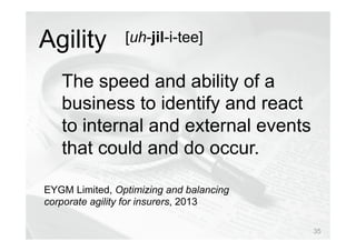 © Prosci Inc. All rights reserved.
The speed and ability of a
business to identify and react
to internal and external events
that could and do occur.
EYGM Limited, Optimizing and balancing
corporate agility for insurers, 2013
Agility [uh-jil-i-tee]
35
 