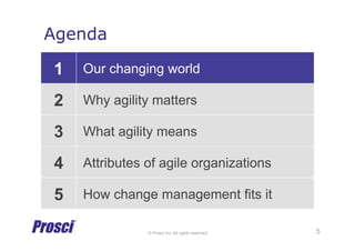 © Prosci Inc. All rights reserved.
Agenda
1 Our changing world
2 Why agility matters
3 What agility means
4 Attributes of agile organizations
5 How change management fits it
5
 