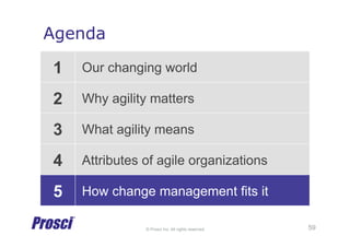 © Prosci Inc. All rights reserved.
Agenda
1 Our changing world
2 Why agility matters
3 What agility means
4 Attributes of agile organizations
5 How change management fits it
59
 